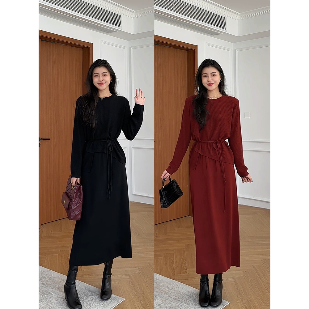 张阿星【智秀感套装】冬季圆领慵懒抽绳收腰不规则设计感针织裙套装