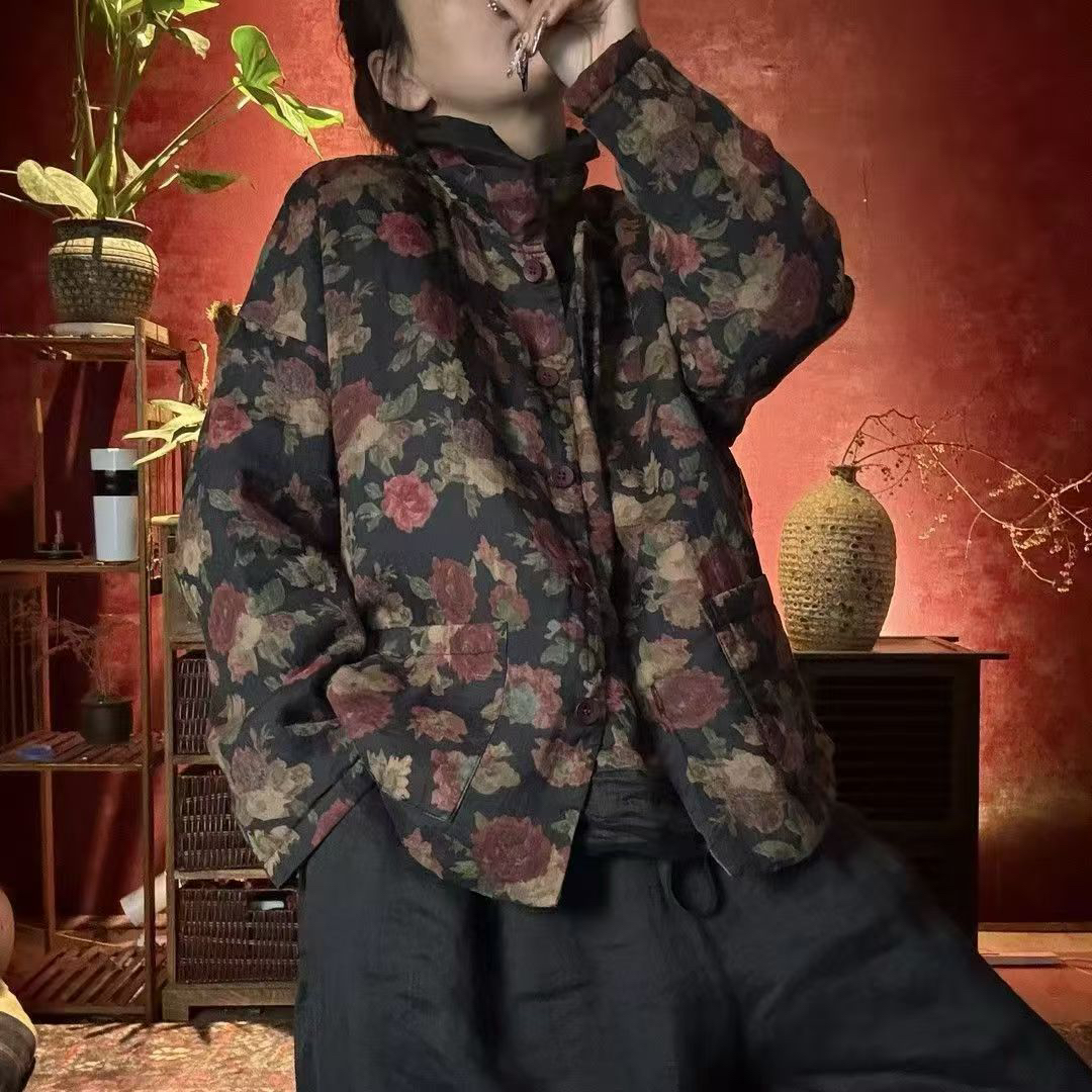 复古时尚百搭女士夹棉苎麻数码印花开衫圆领棉衣（90斤～160斤）