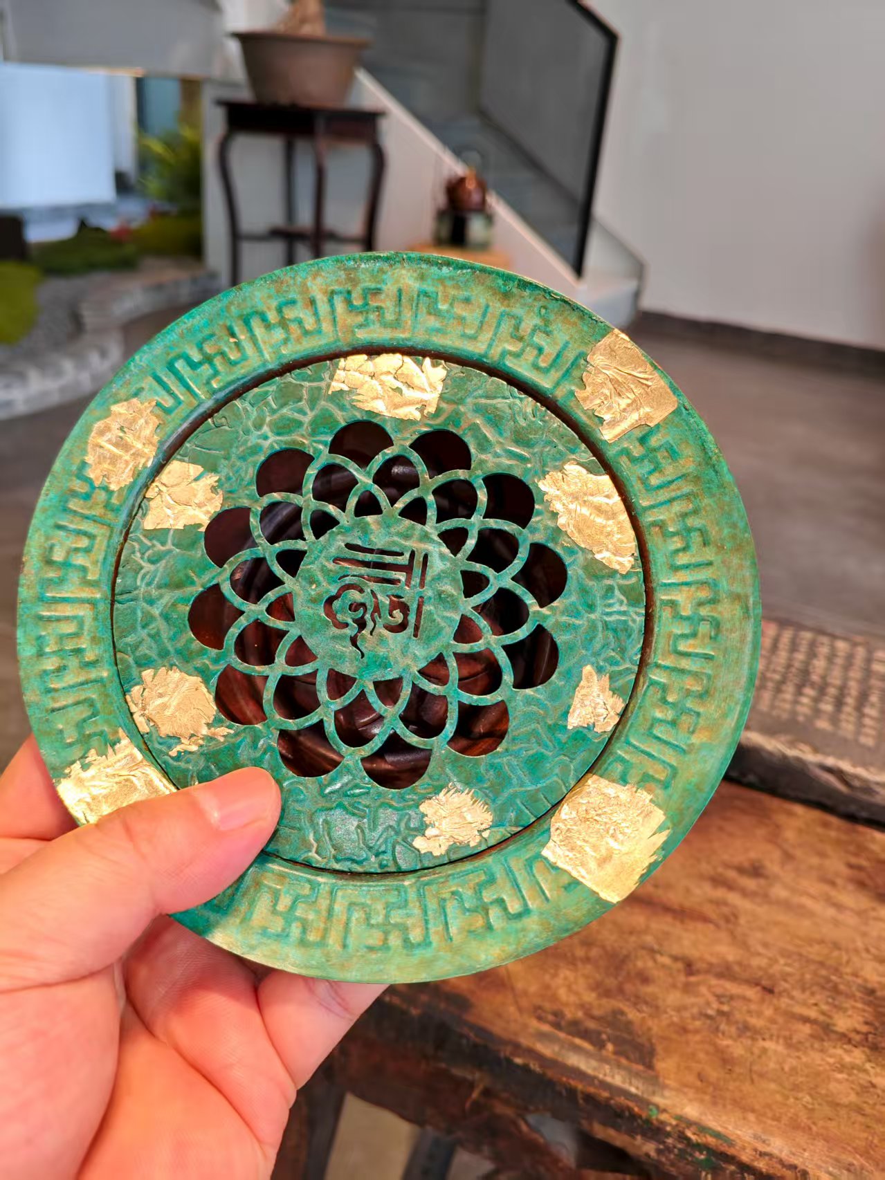 遇见.紫铜金箔开窗福字圆形壶承茶道配件直径15cm高3.8cm