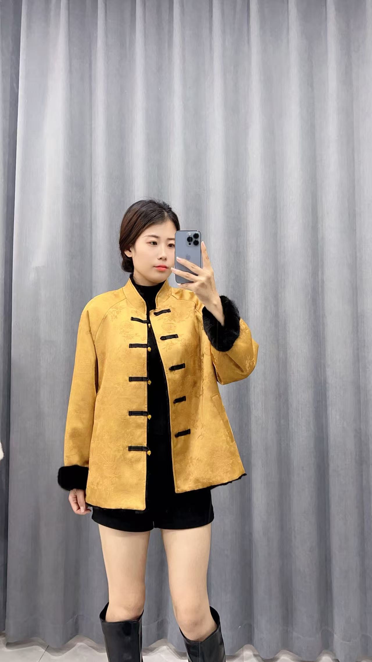 唐装女装立领上衣拼貂2025新款款常规单排扣纯色