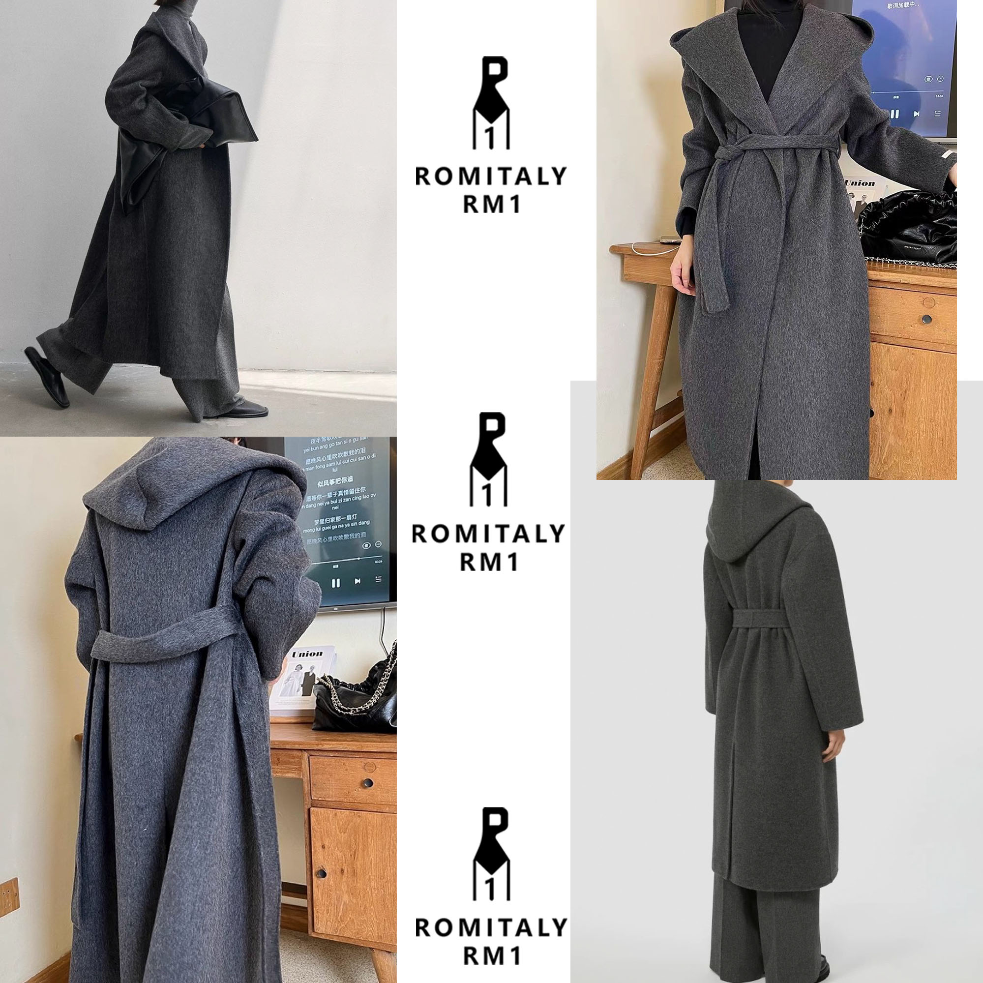 戎美意产翻领连帽极简风长款常规毛呢外套设计师秋冬绵羊毛呢大衣