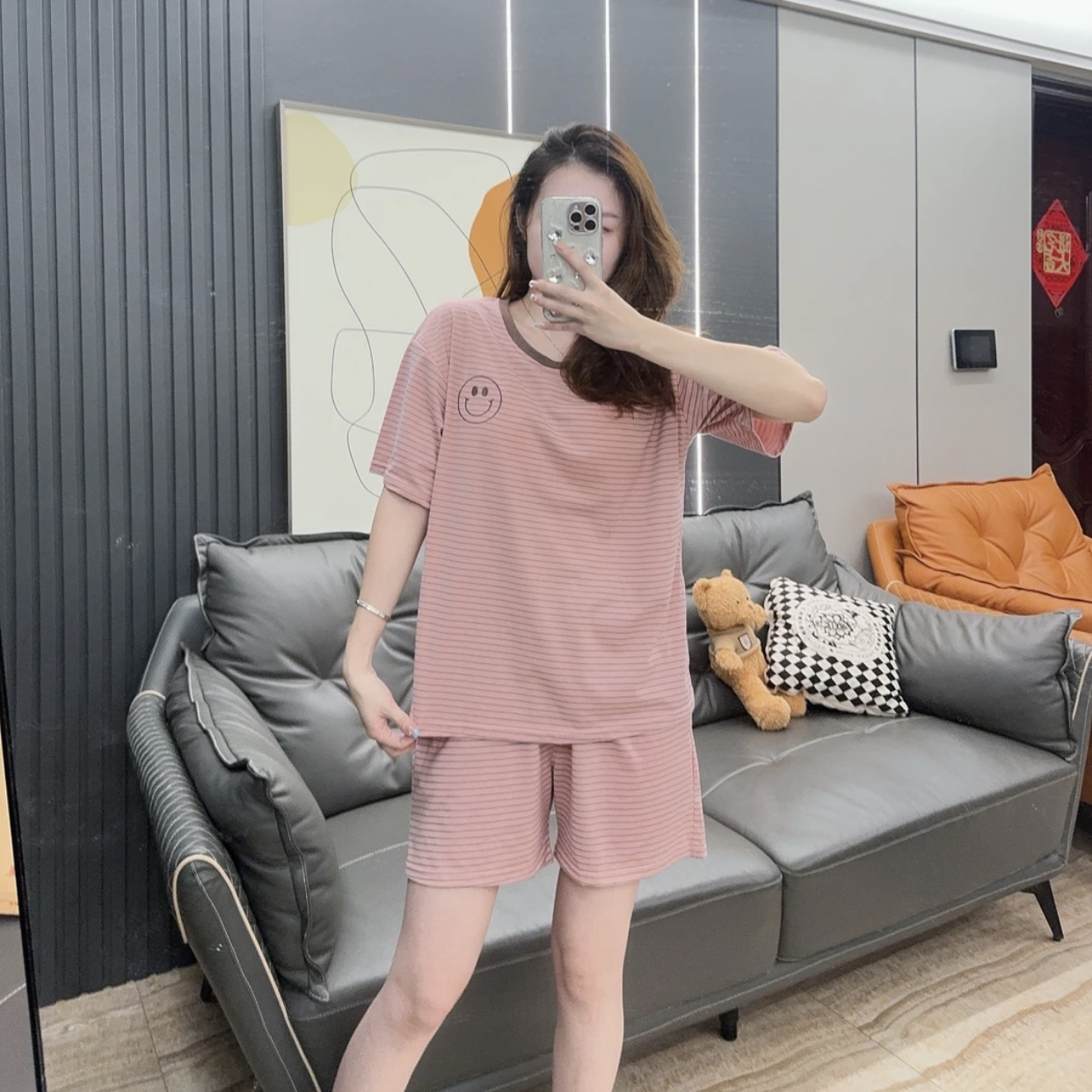 夏季新款纯棉女士睡衣短袖短裤 豆粉咖色微笑条纹