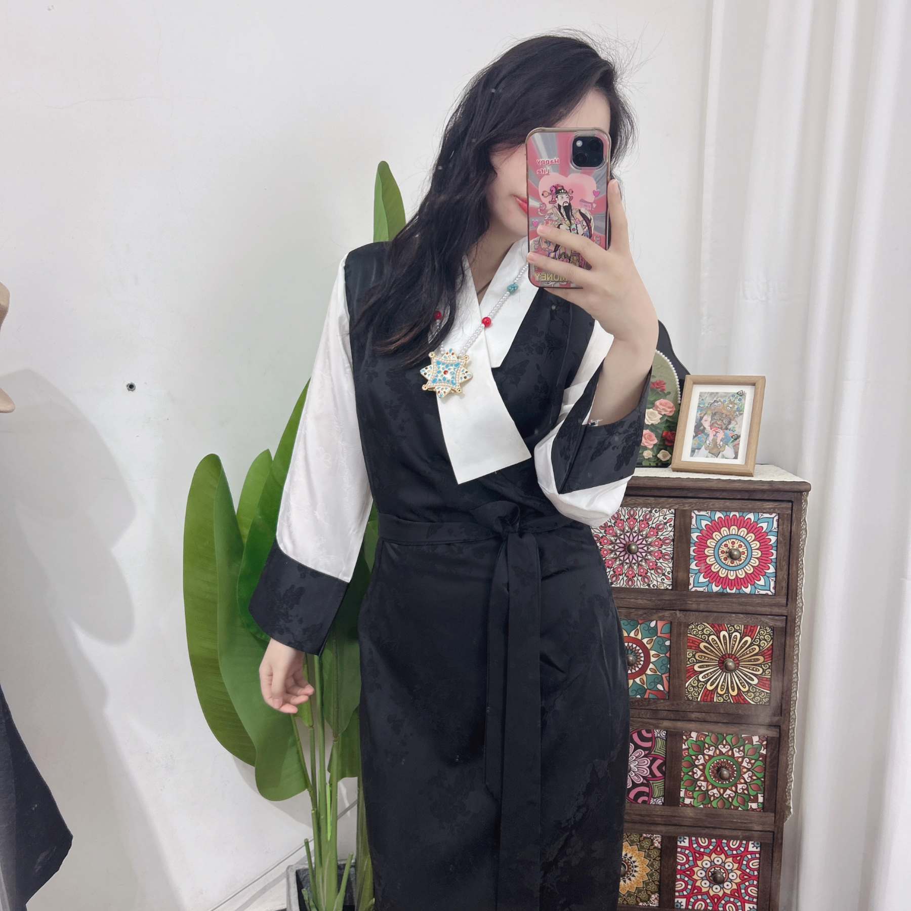 女士藏式藏装夏季面料博拉裙黑色拼接系带服装