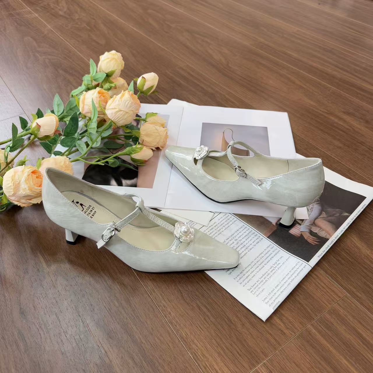 Van Gerch跟高5春季方头气质百搭山茶花晕染时尚浅口单鞋女买1赠3