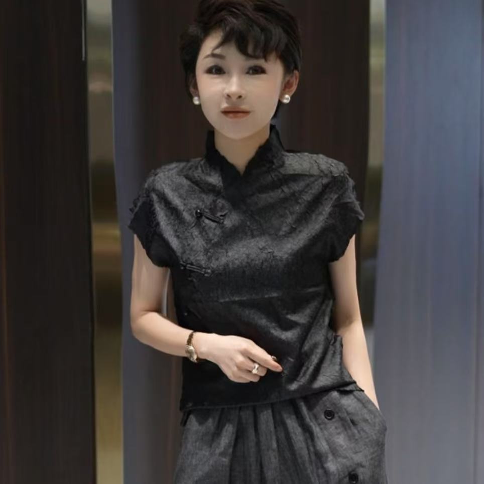 【暗香疏影】褶皱立领百搭短袖 1002