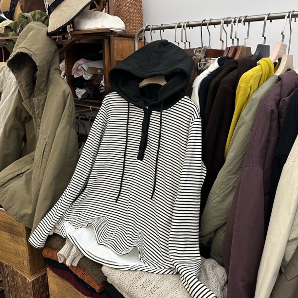 韩版宽松条纹连帽加绒加厚显瘦套头卫衣秋冬新款时尚百搭外套女