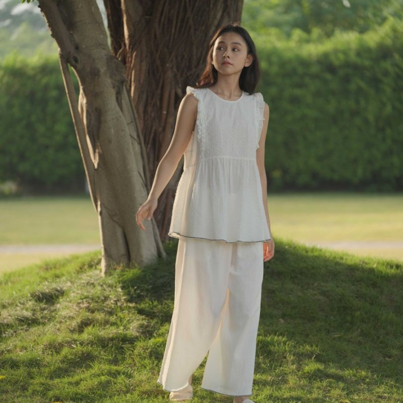 朵朵可可dw251cz030白色无袖纯棉套头荷叶边女春夏季睡衣家居服