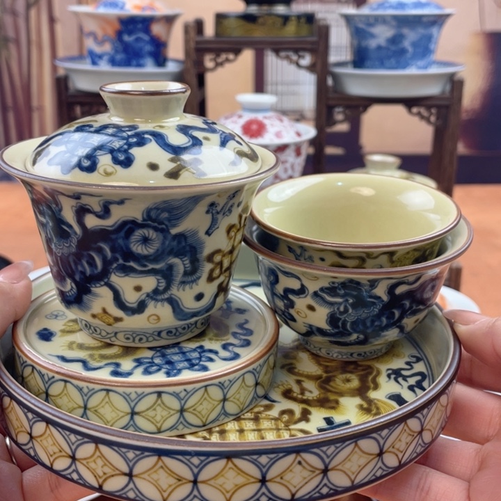 陶摆件二号釉釉里金双狮绣球五件套