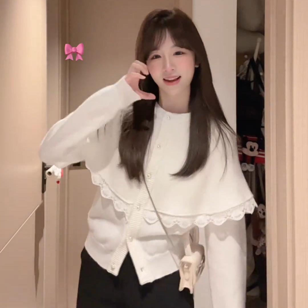 【8306】秋冬季法式毛衣拼接蕾丝边披肩针织衫女装减龄显瘦上衣女