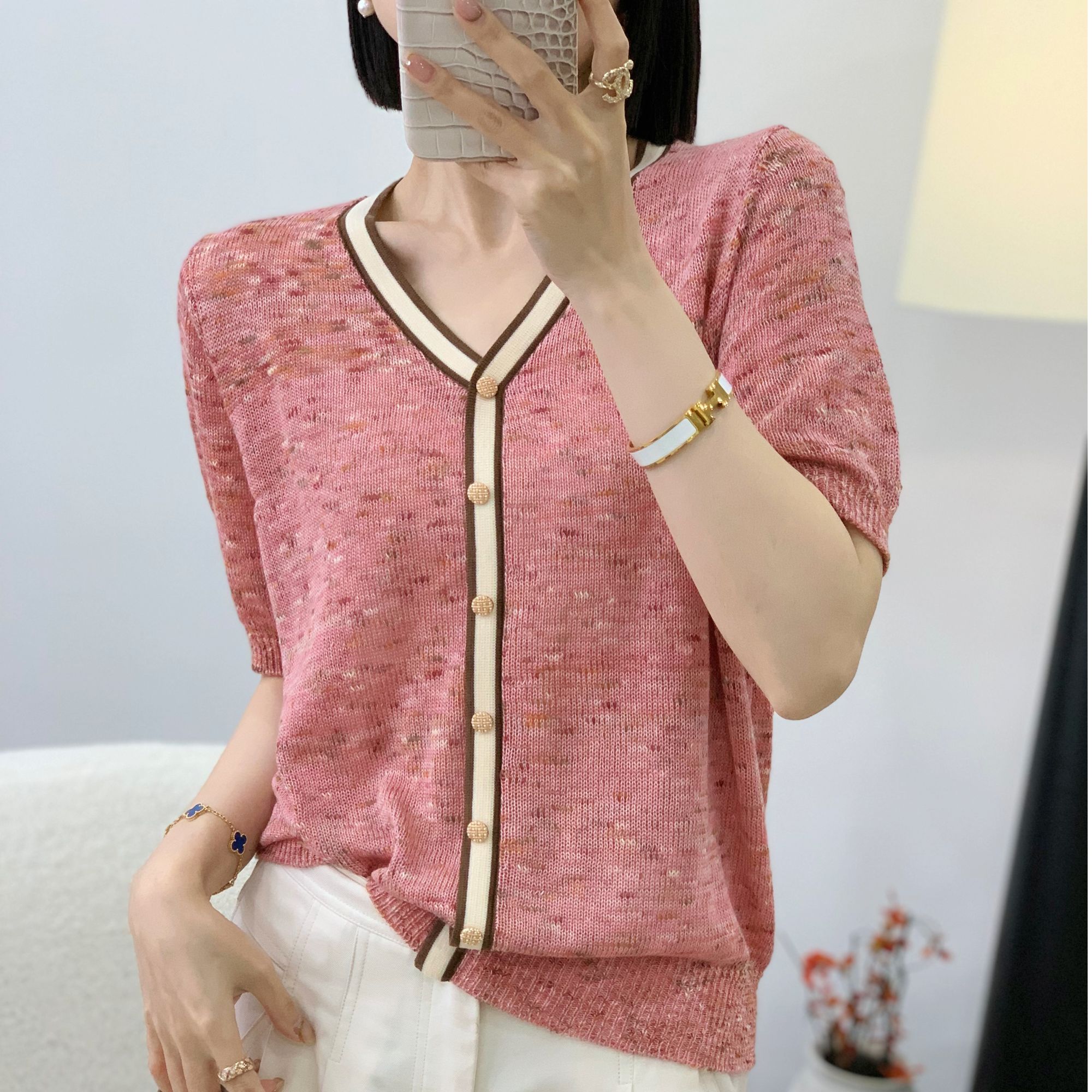 【思思精选】2025韩版时尚气质V领花纱提花减龄百搭针织衫A243#