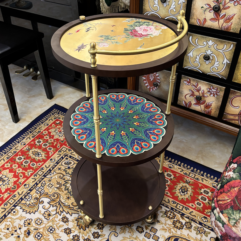 全铜进口橡木手推餐车边几春江图铜包木雕刻铜面推车