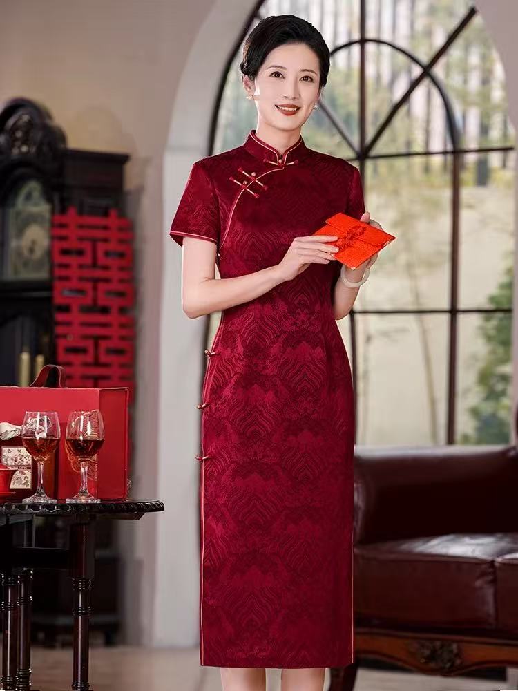 高端贵气喜婆婆喜妈妈醋酸礼服新中式婚宴大气一字扣斜襟提花旗袍