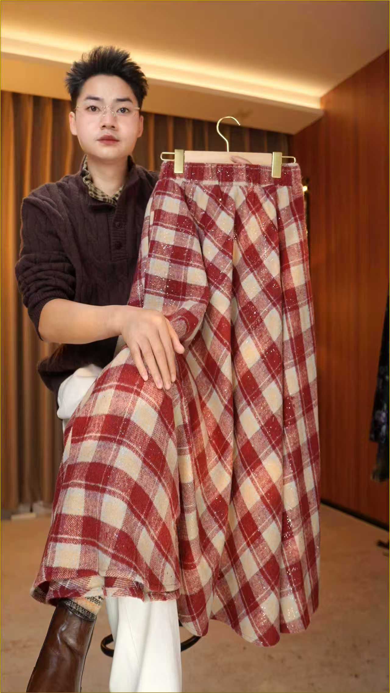 【N.MM】秋冬复古新款气质时尚A型中长裙条纹格子高腰半身裙D0096