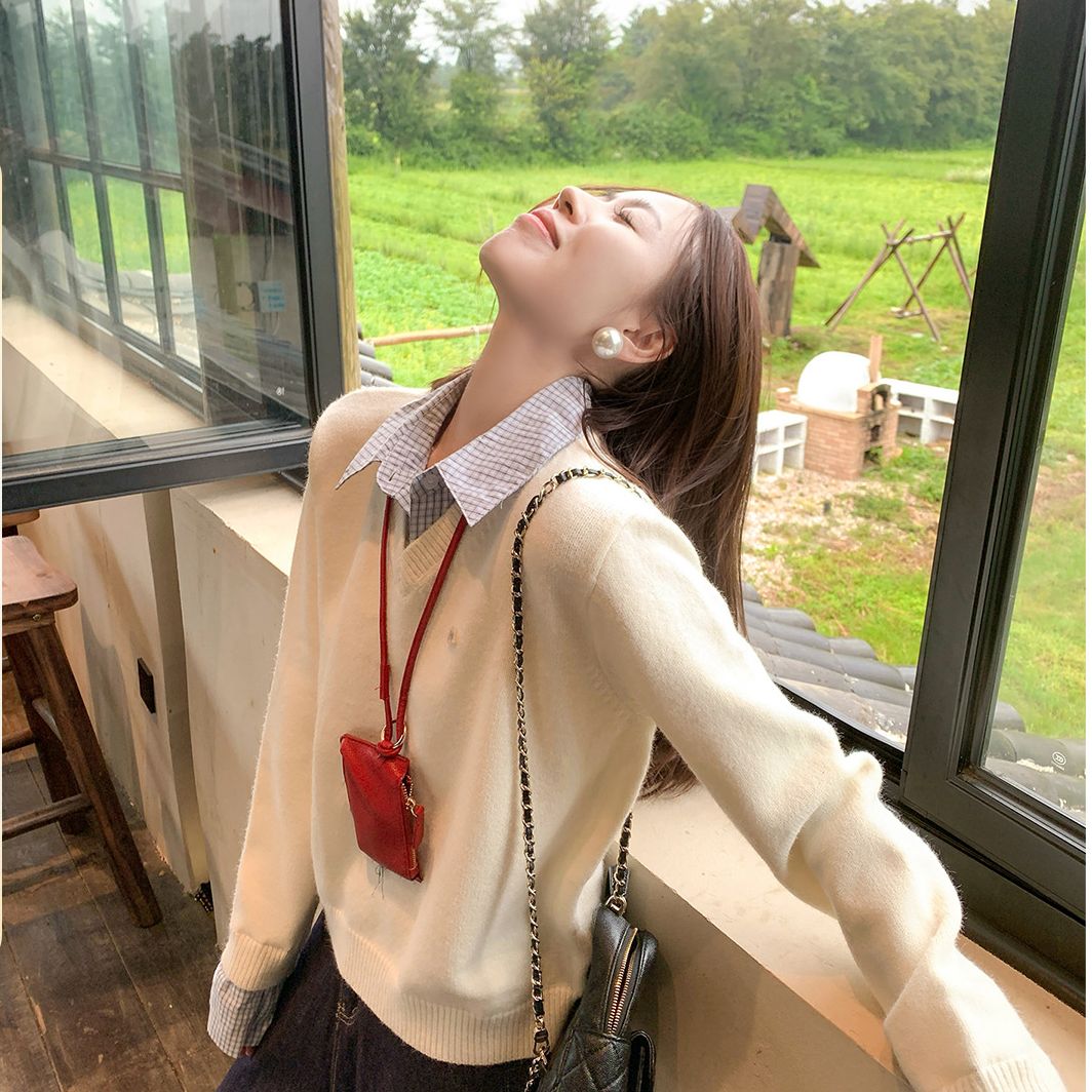 曾小咸 韩系早秋穿搭假两件polo领毛衣Z252MZY8734