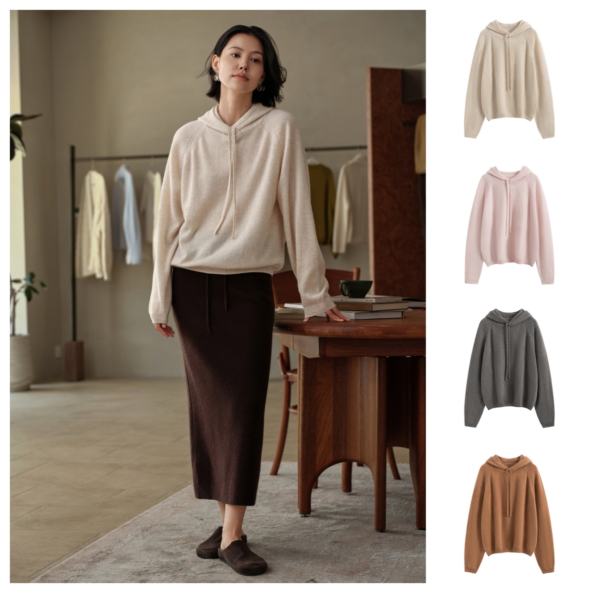 叠搭时代～休闲时尚并存 100%纯山羊绒连帽针织衫插肩袖宽松#2527