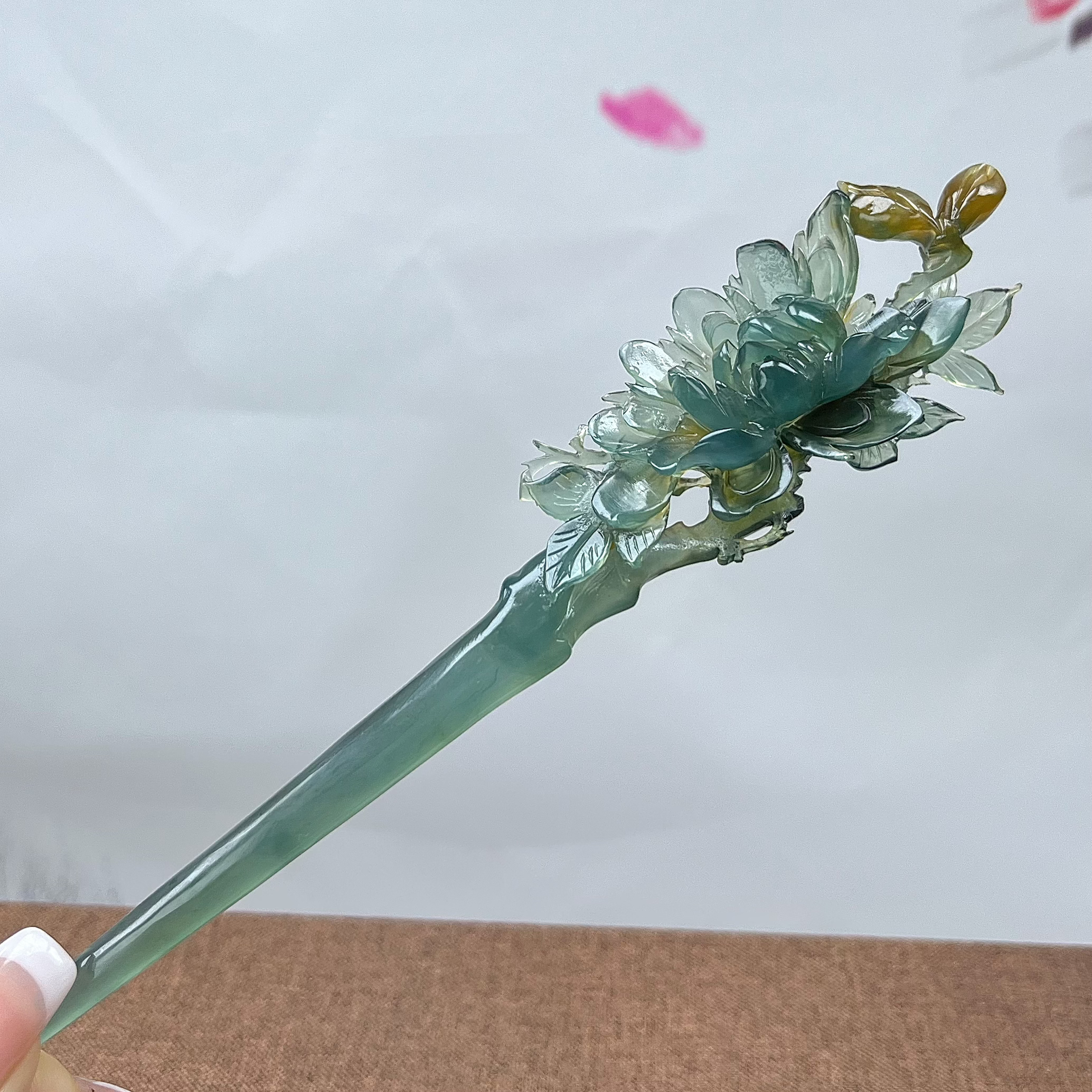 岫玉高品质蓝水牡丹发簪   整体长度20cm  簪体入发长度11cm