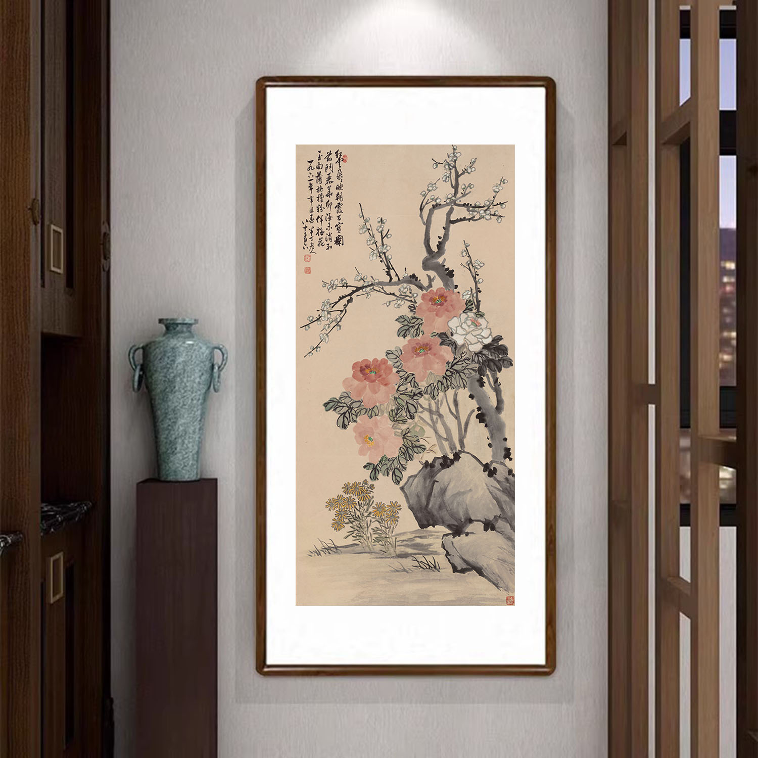 国画水墨画牡丹梅花图新中式客厅玄关挂画办公室书房背景墙装饰画