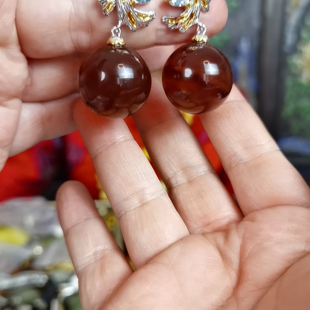 琥珀耳饰银S925镀金镶嵌耳环