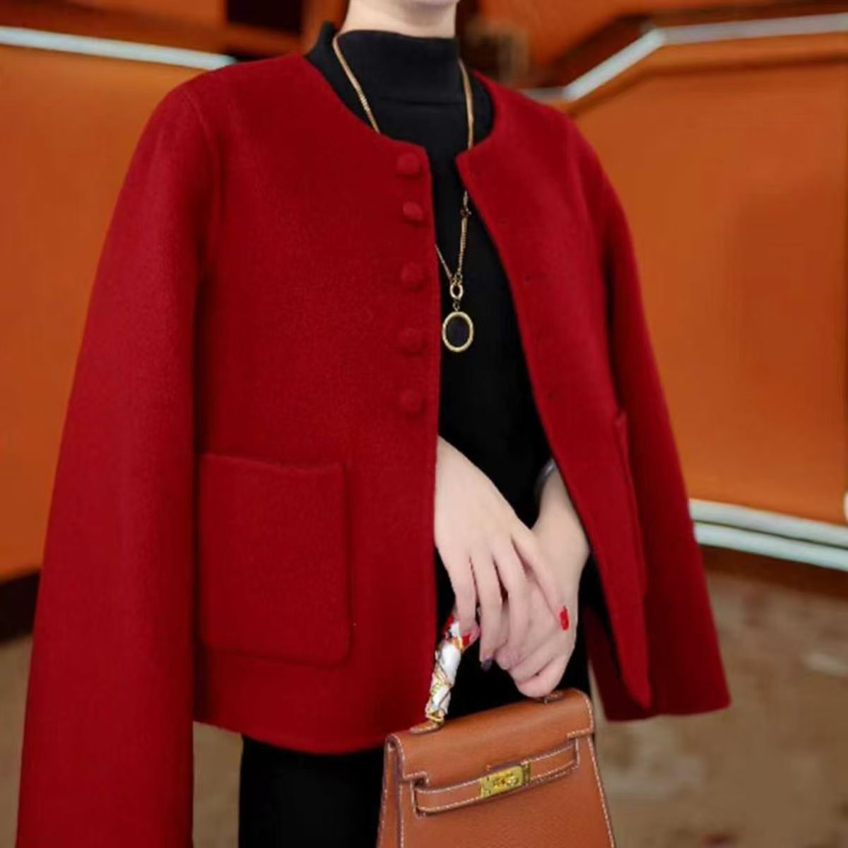 【外贸原单】2025新款秋冬季时尚洋气小香风外套红色气质短款-K欣红
