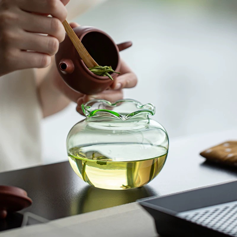 绪空 花口玻璃建水高硼硅耐热哦玻璃透明水盂小巧桌面茶具配件