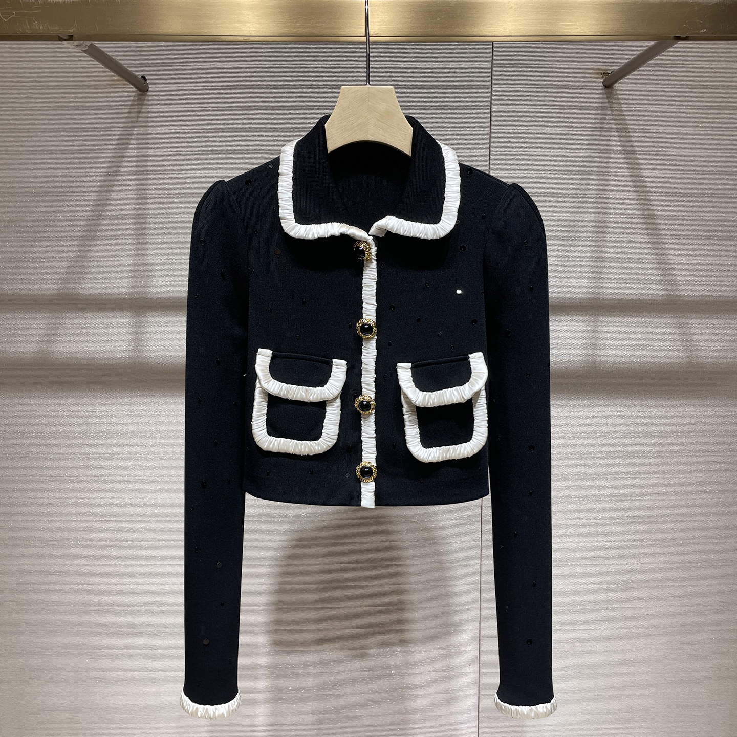 独特设计感漂亮上衣2025早秋新款撞色小香风翻领亮片针织开衫外套