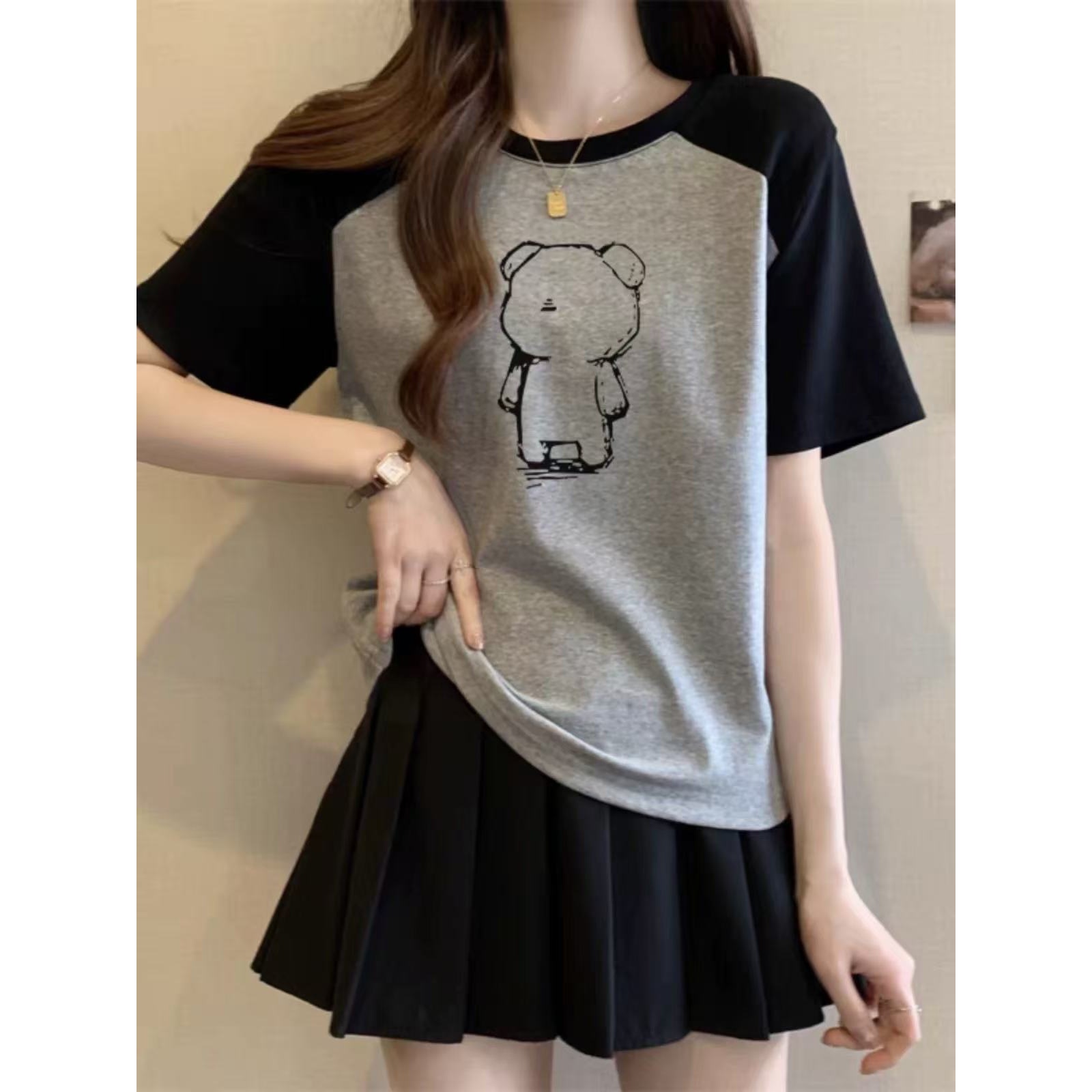 【A1671-A1680】设计感百搭休闲女士拼接修身短袖T恤短袖ins短款