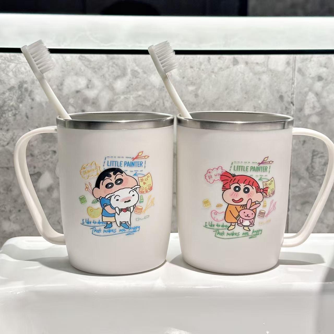 日式304不锈钢洗漱杯防摔蜡笔小新漱口杯带手柄可爱简约情侣水杯