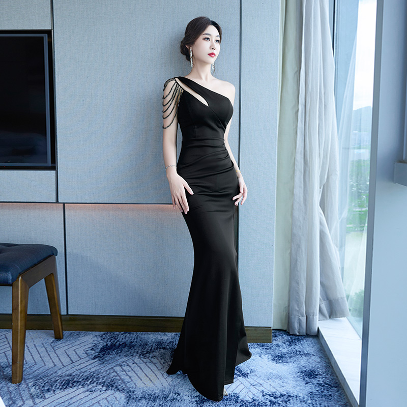 优雅名媛高贵宴会晚礼服性感开叉时尚单肩修身包臀夜总会技师女装