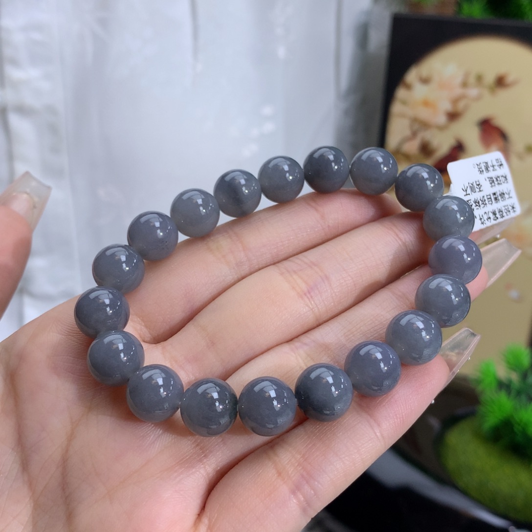 翡翠手链未镶嵌卡10冰润烟灰色乌鸡