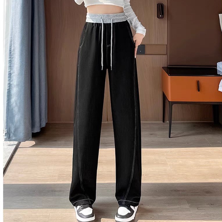 香蕉弯刀休闲阔腿牛仔裤女秋冬2025新款高腰直筒裤