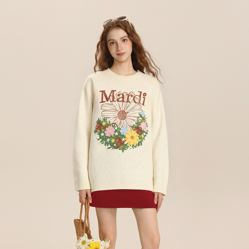 Mardi 2025秋季新款针织圆领衫花卉毛针织衫秋季毛衣长袖