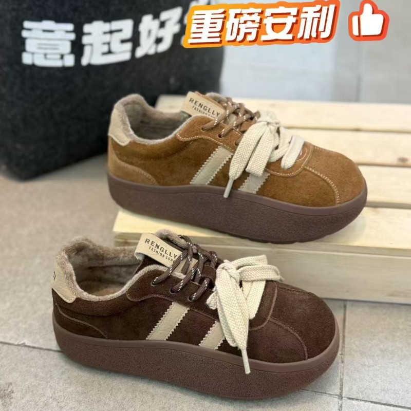 鞋子女款爆款2025新款秋冬磨砂绒面厚底松糕休闲百搭板鞋加绒女鞋