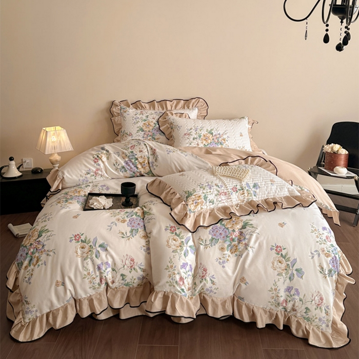 全棉法式床盖四件套 韩版纯棉花边款夹棉床盖四季通用田园风