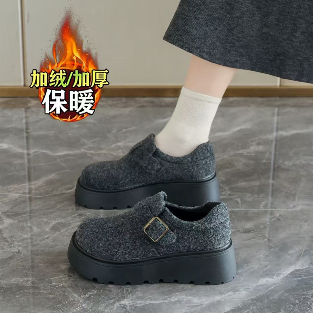 DZ016毛呢加绒勃肯鞋新款厚底增高一脚蹬棉鞋全包