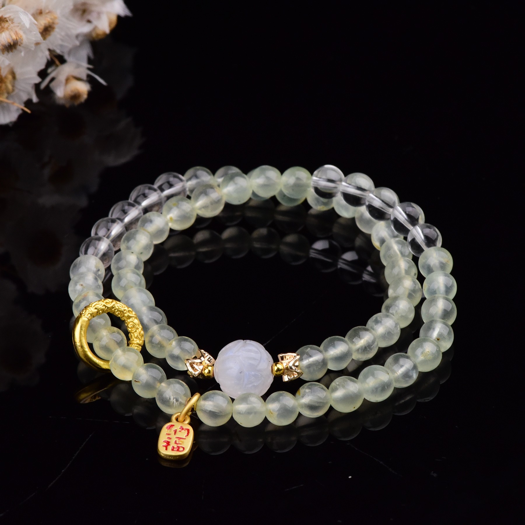 【绿碧葡萄】天然葡萄石两圈手链，规格：5.8毫米，搭配蓝月光莲花，