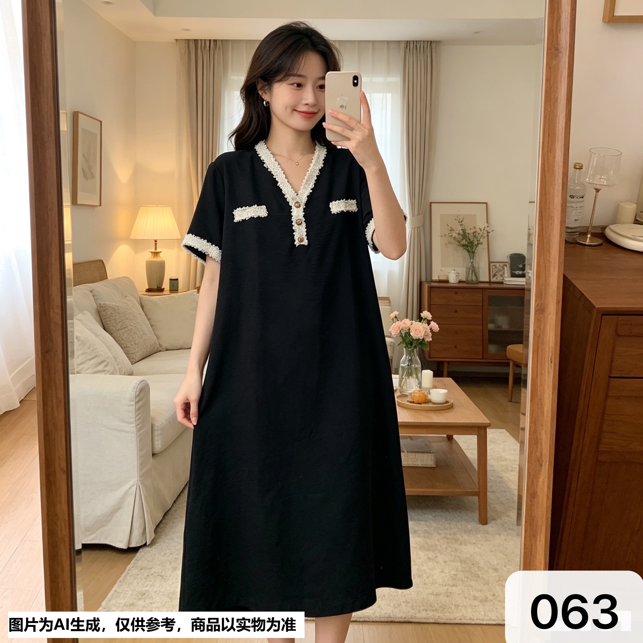 【Annie063】夏季女装洋气连衣裙裙子V领高级黑色宽松大码显瘦长裙