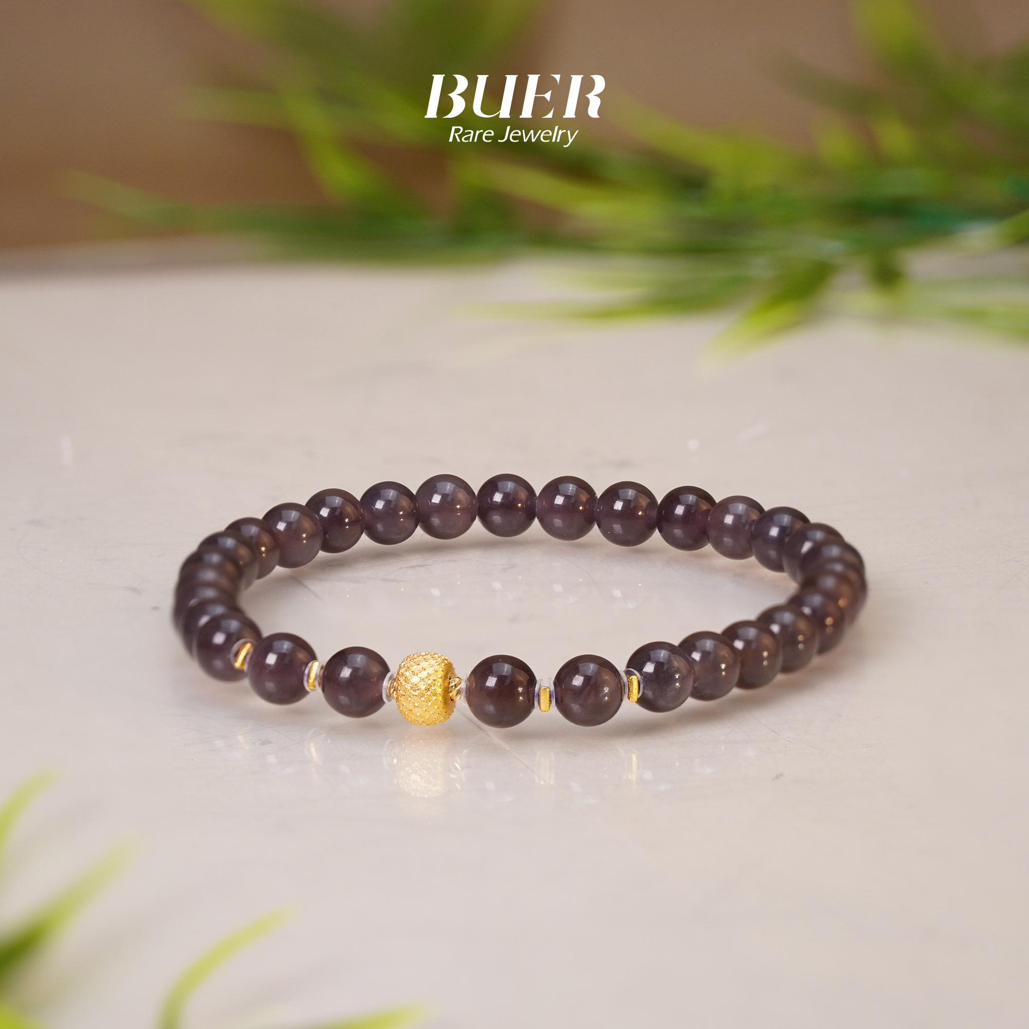 【不二珠宝】和田玉烟紫18K金DIY单圈手串6mm+