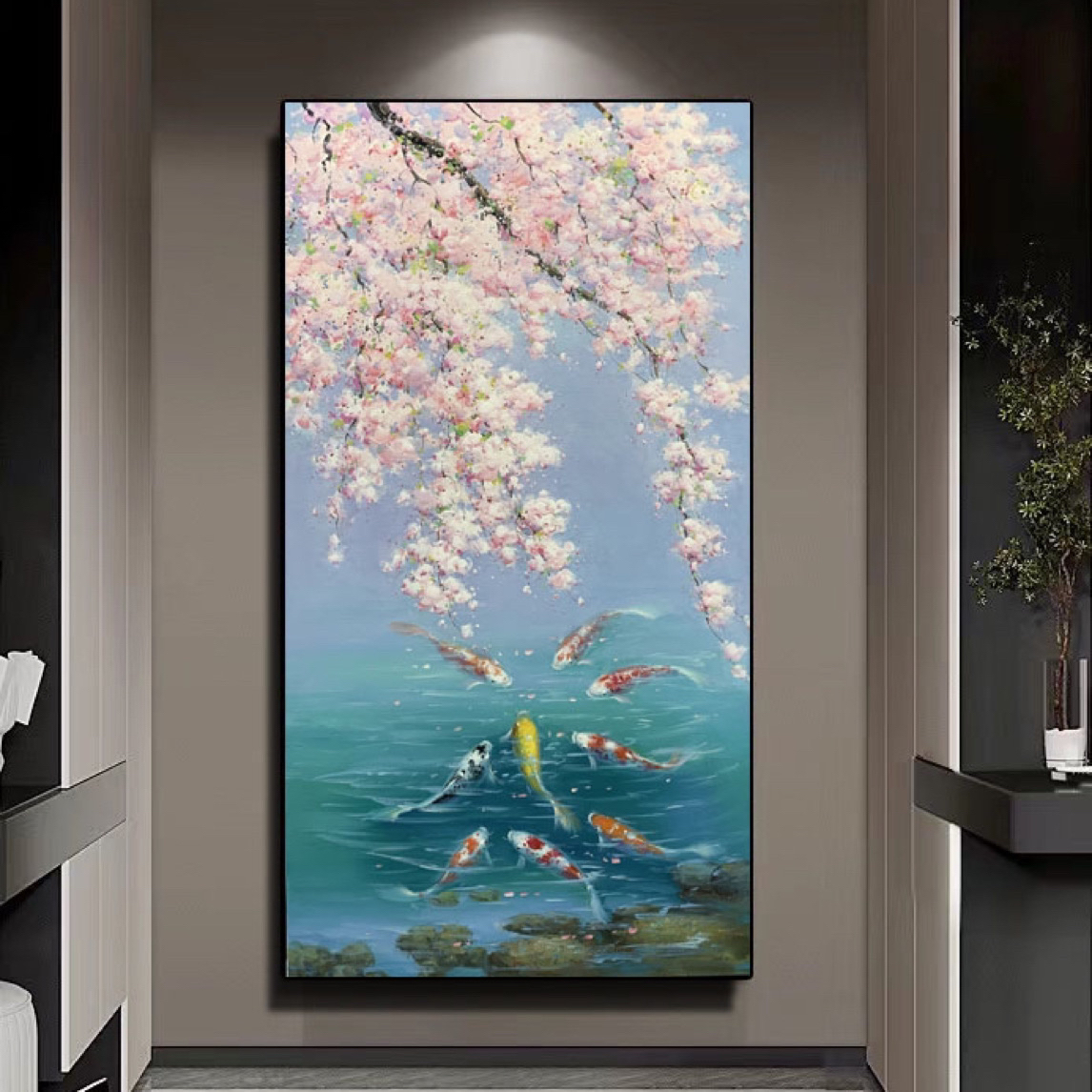 现代简约花卉九鱼家居玄关挂画尺寸80*160带框包邮