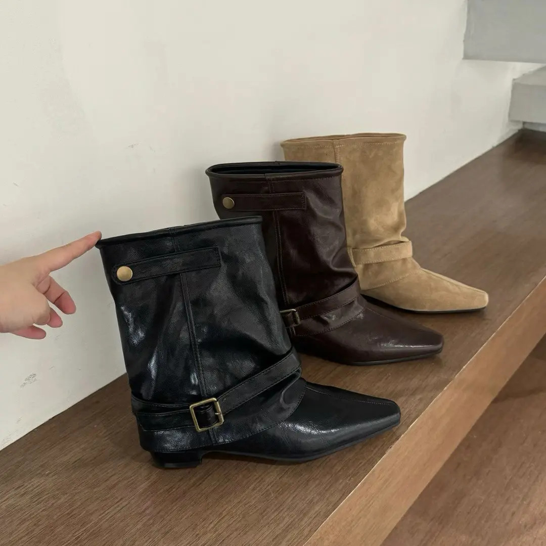 7293-10秋冬短靴中筒粗跟高筒筒靴高跟时尚尖头时装靴