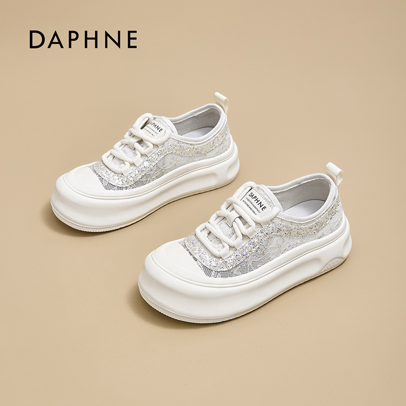 达芙妮厚底帆布鞋女2025夏季新款时尚亮片百搭系带增高网面鞋