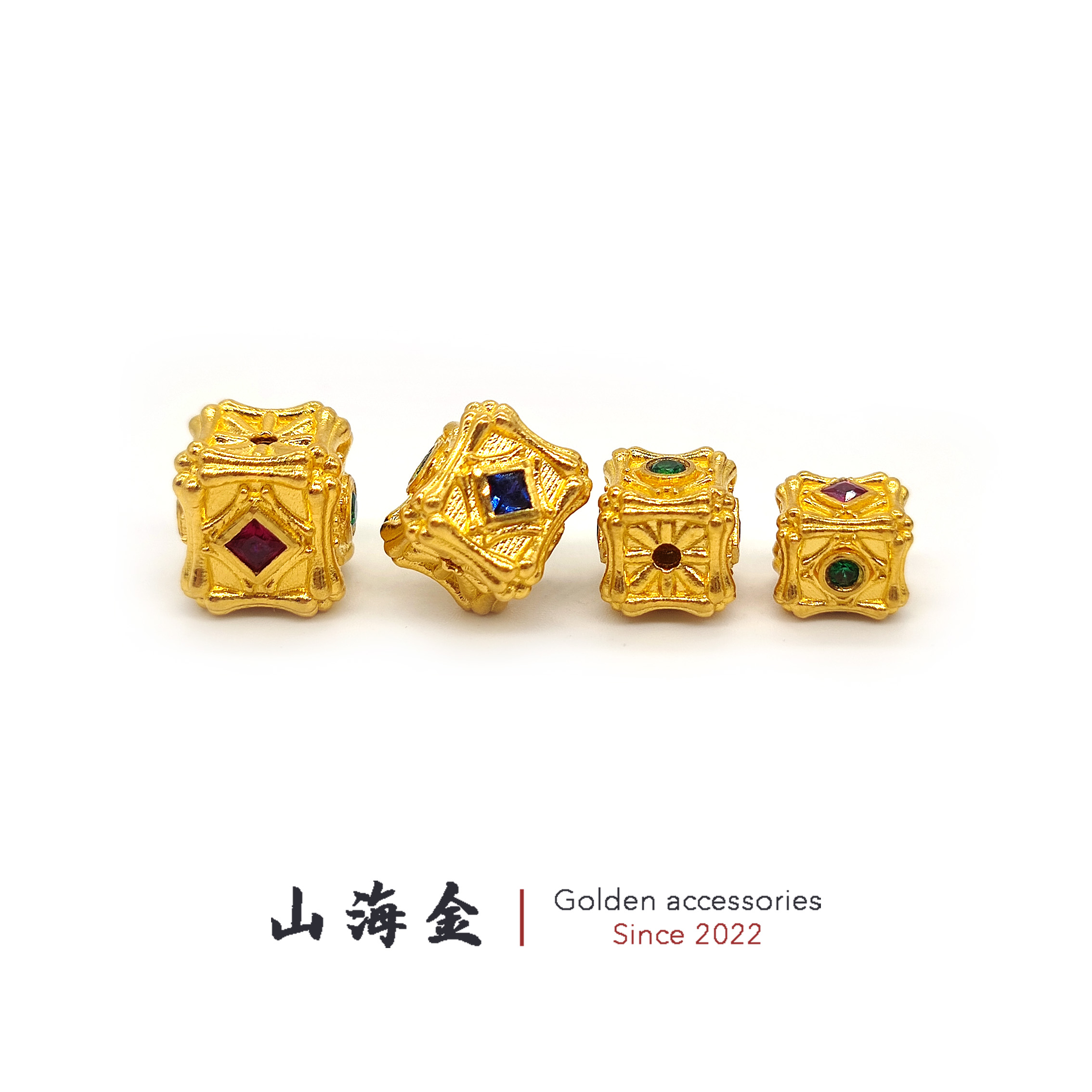山海金 24K纯黄金999足金宝石骨头方珠骨珠隔珠顶珠文玩手串配饰
