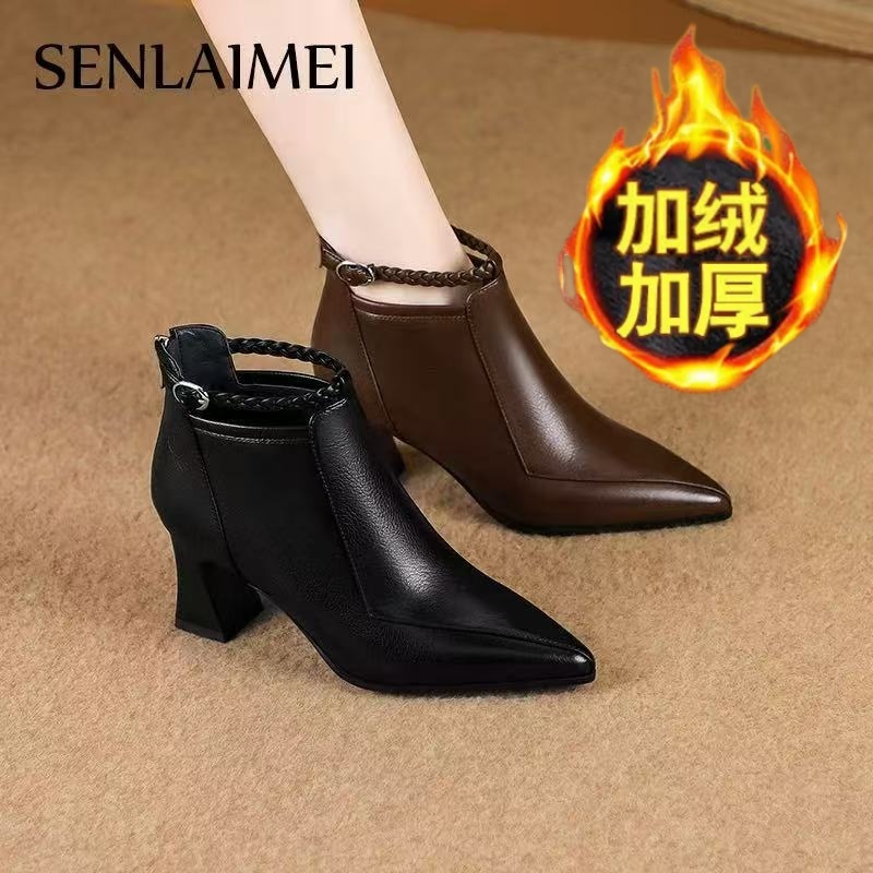 短靴女2025年秋冬新款尖头软皮一字带编织粗跟加绒高跟棉靴单靴