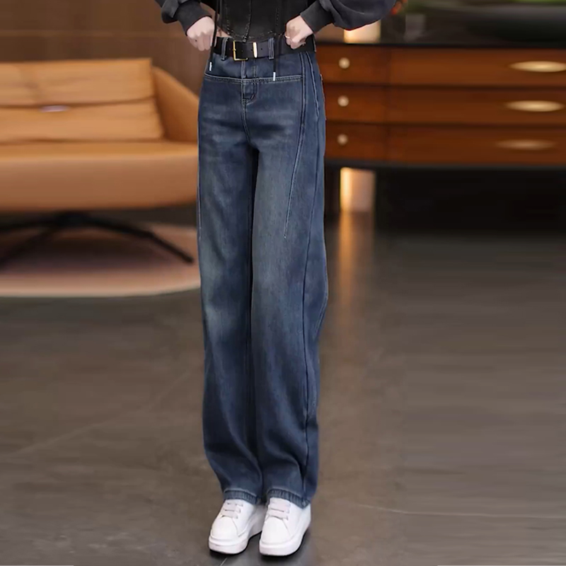 窄版弯刀条纹牛仔裤女早秋新款大码胖mm高腰直筒松弛感百搭阔腿裤