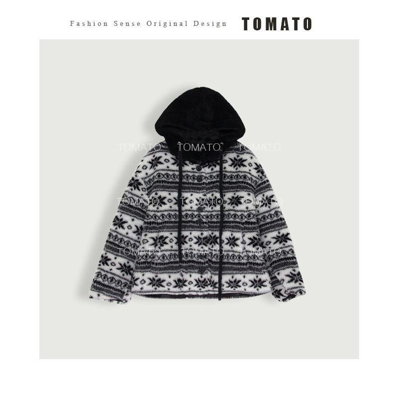 【TomoTo】浅雪山茶 复古北欧羊毛保暖皮毛一体连帽外套D24MY45110