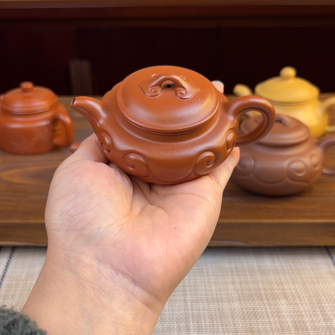 紫砂茶壶朱泥仿古如意全手100cc