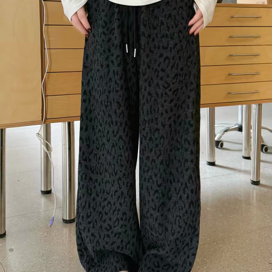 花绳复古个性慵懒风豹纹休闲裤女秋冬2025新款宽松休闲显瘦阔腿裤