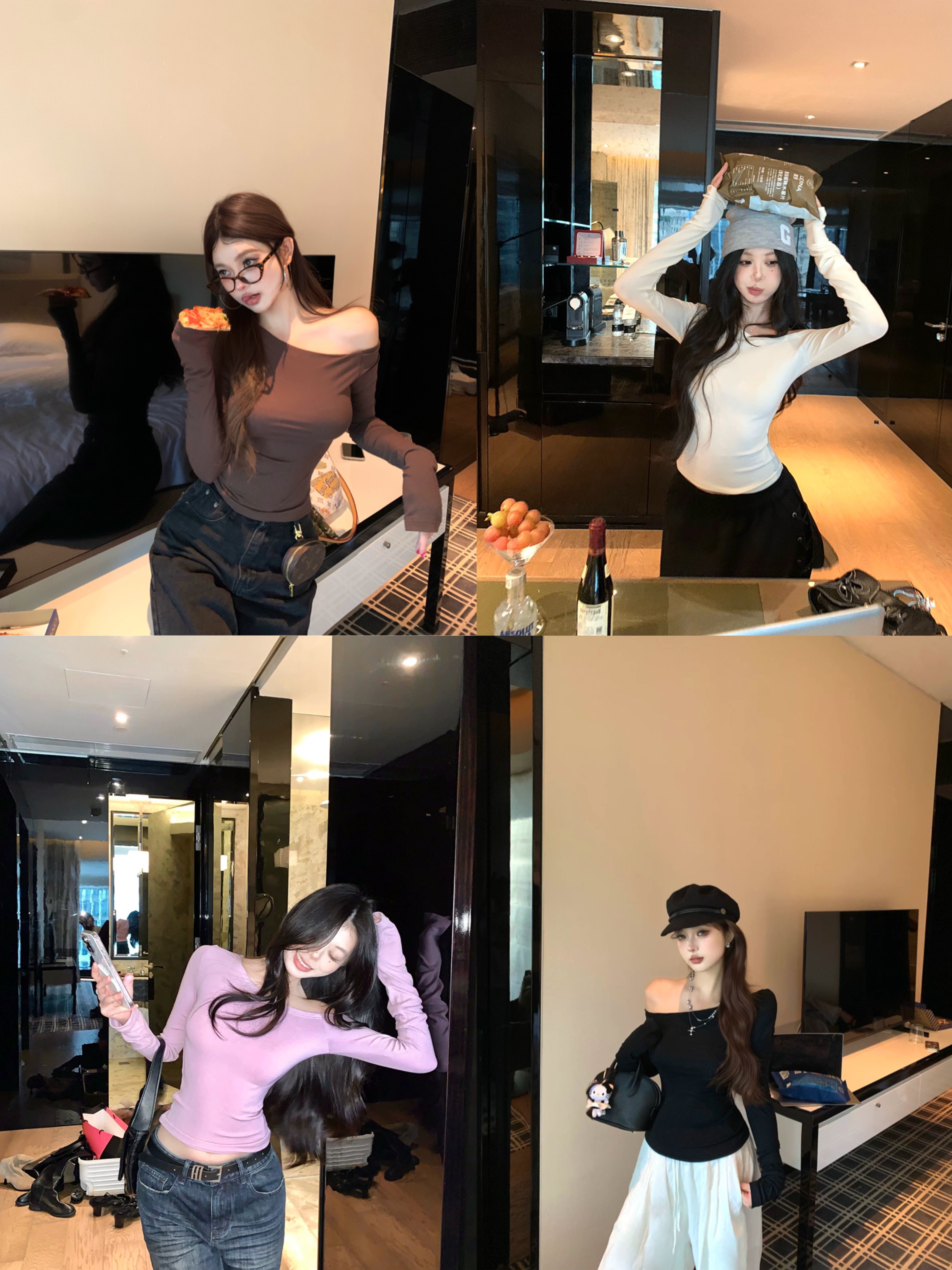 纯欲风斜肩长袖T恤女秋季新款修身内搭打底衫显身材辣妹露肩上衣