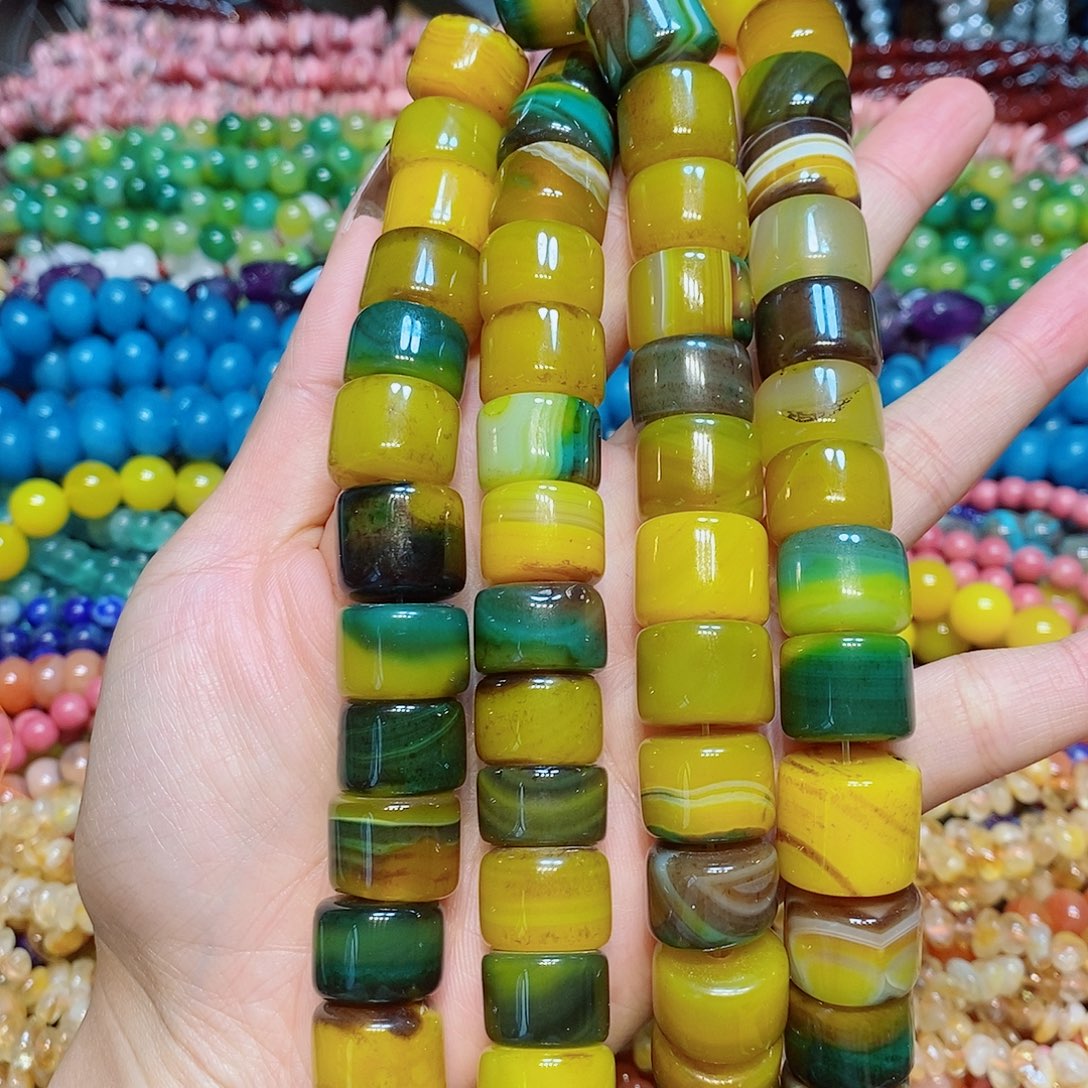 玛瑙/玉髓散珠16mm大孔黄绿玛瑙车轮一条