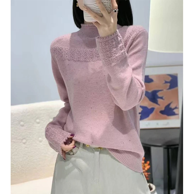 打底衫女半高领毛衣套头秋冬新款时尚洋气烫钻针织衫纯色内搭上衣