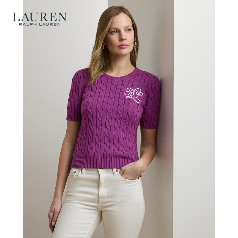 Lauren/拉夫劳伦女装 25年秋季修身版型绞花编结棉质短袖针织衫